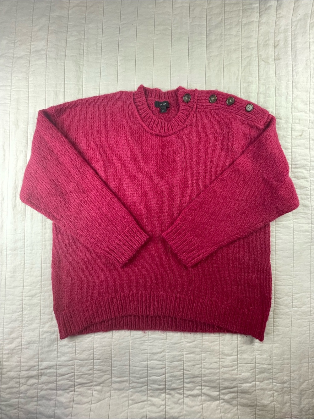 J. Crew Raspberry Pink Button-Shoulder Crewneck Sweater relaxed fit large